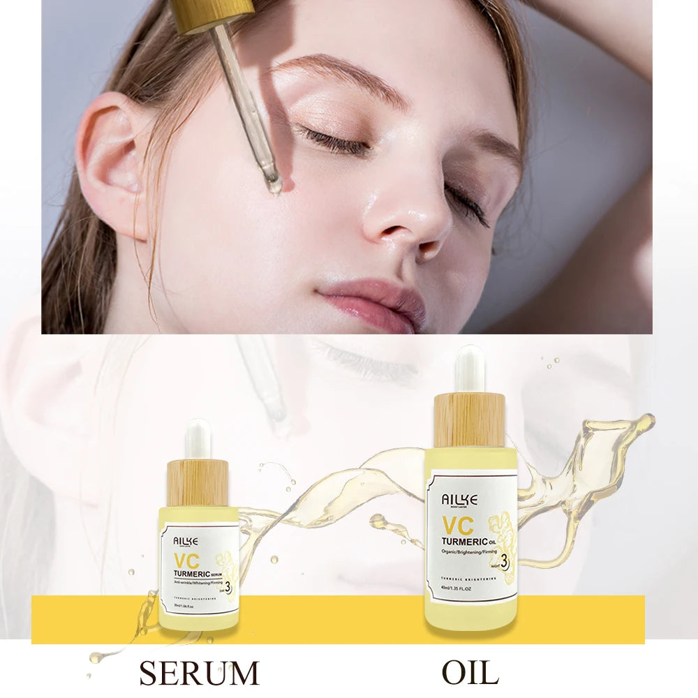 Skincare serum and oil with a close-up of a woman applying serum to her face.