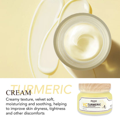 Turmeric cream jar with open lid on a yellow background