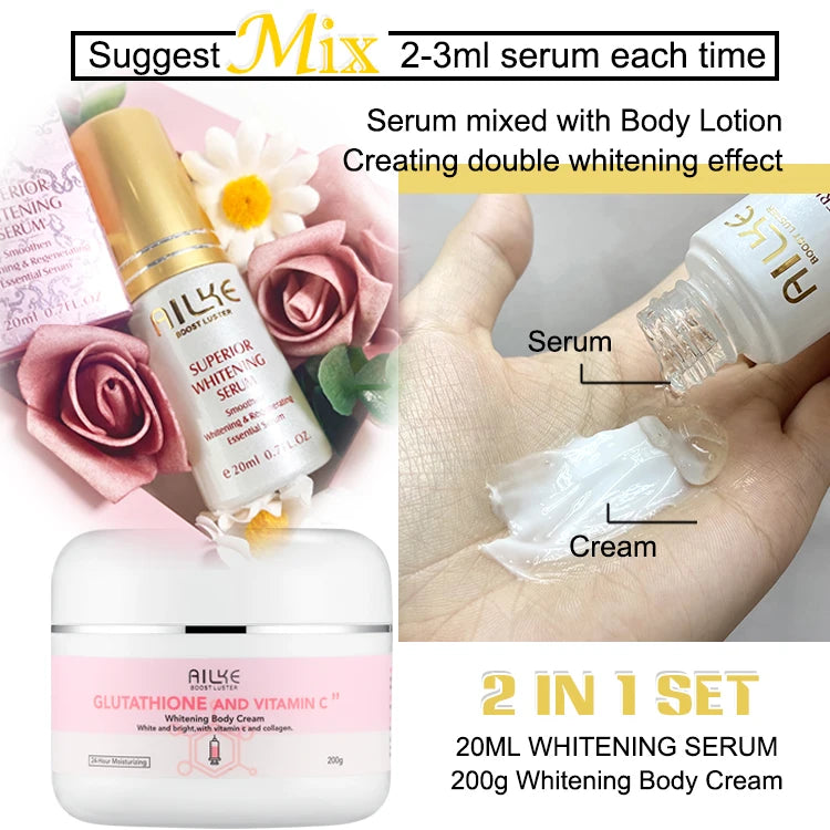 Skincare product set with serum and cream, labeled '2 in 1 set' and 'Superior Whitening Serum'.