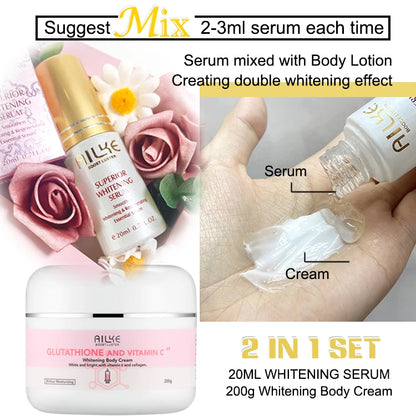Skincare product set with serum and cream, labeled '2 in 1 set' and 'Superior Whitening Serum'.