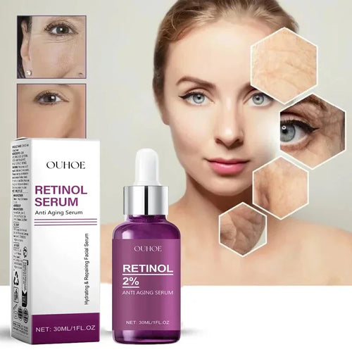 OUHOE Retinol Serum packaging with a woman's face and skin before and after treatment.