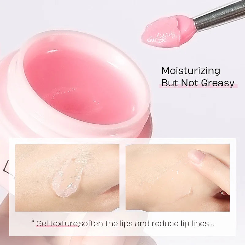 Pink lip balm with a brush, close-up of gel texture on skin, and text 'Moisturizing But Not Greasy'.