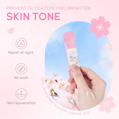 Hand holding a pink sleeping mask with cherry blossom design, text about skin care benefits on a light pink background.