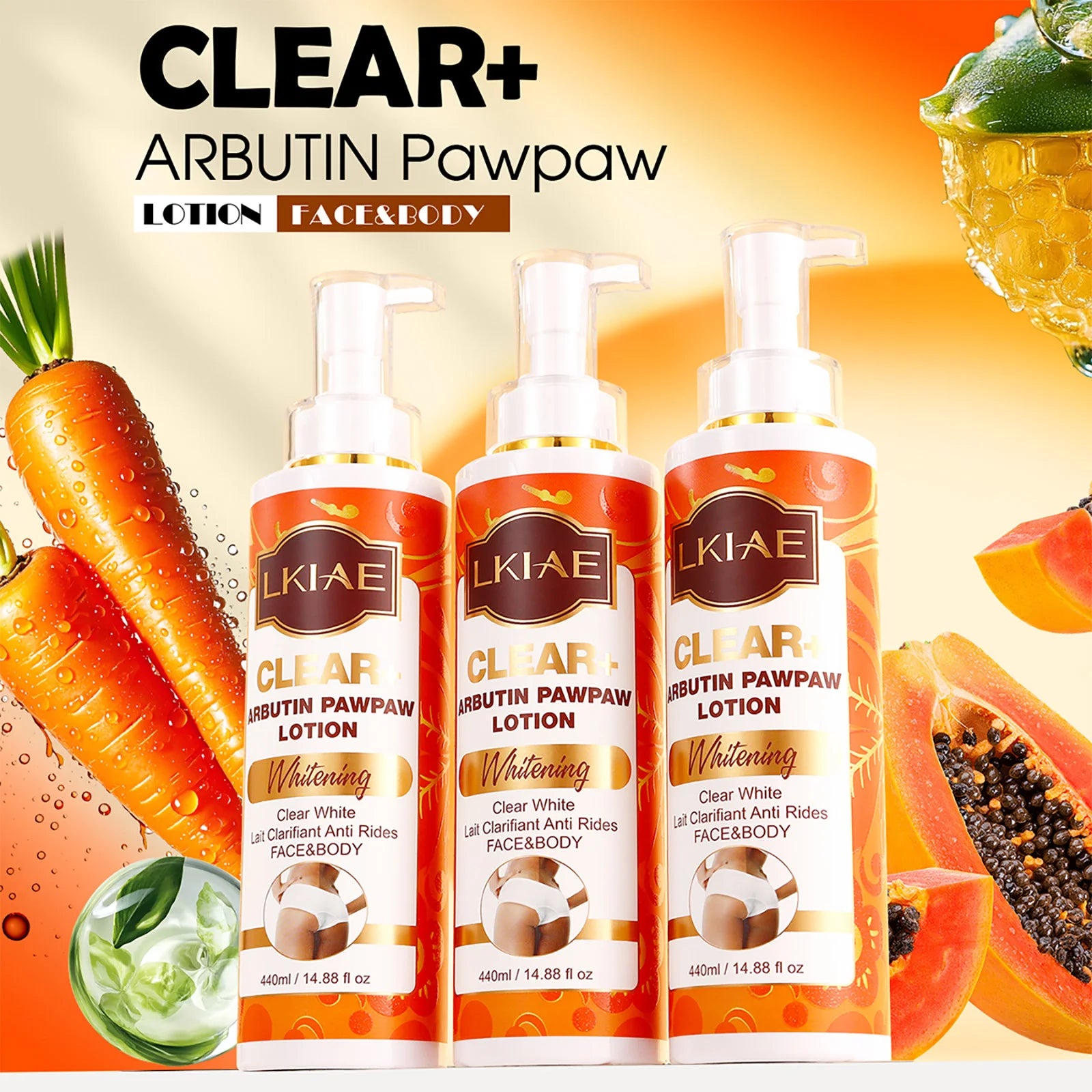Three bottles of LKIAE Clear Arbutin Pawpaw lotion with pawpaw and carrot ingredients on a bright background.