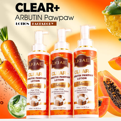 Three bottles of LKIAE Clear Arbutin Pawpaw lotion with pawpaw and carrot ingredients on a bright background.
