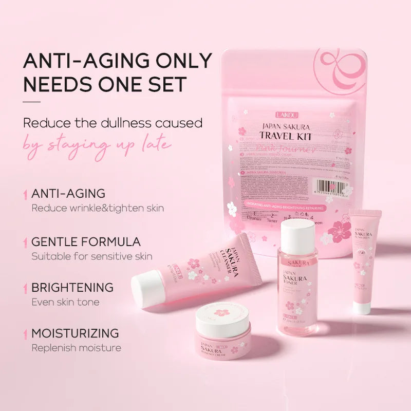 Korean skincare travel kit with pink packaging on a light pink background