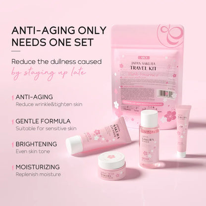Korean skincare travel kit with pink packaging on a light pink background
