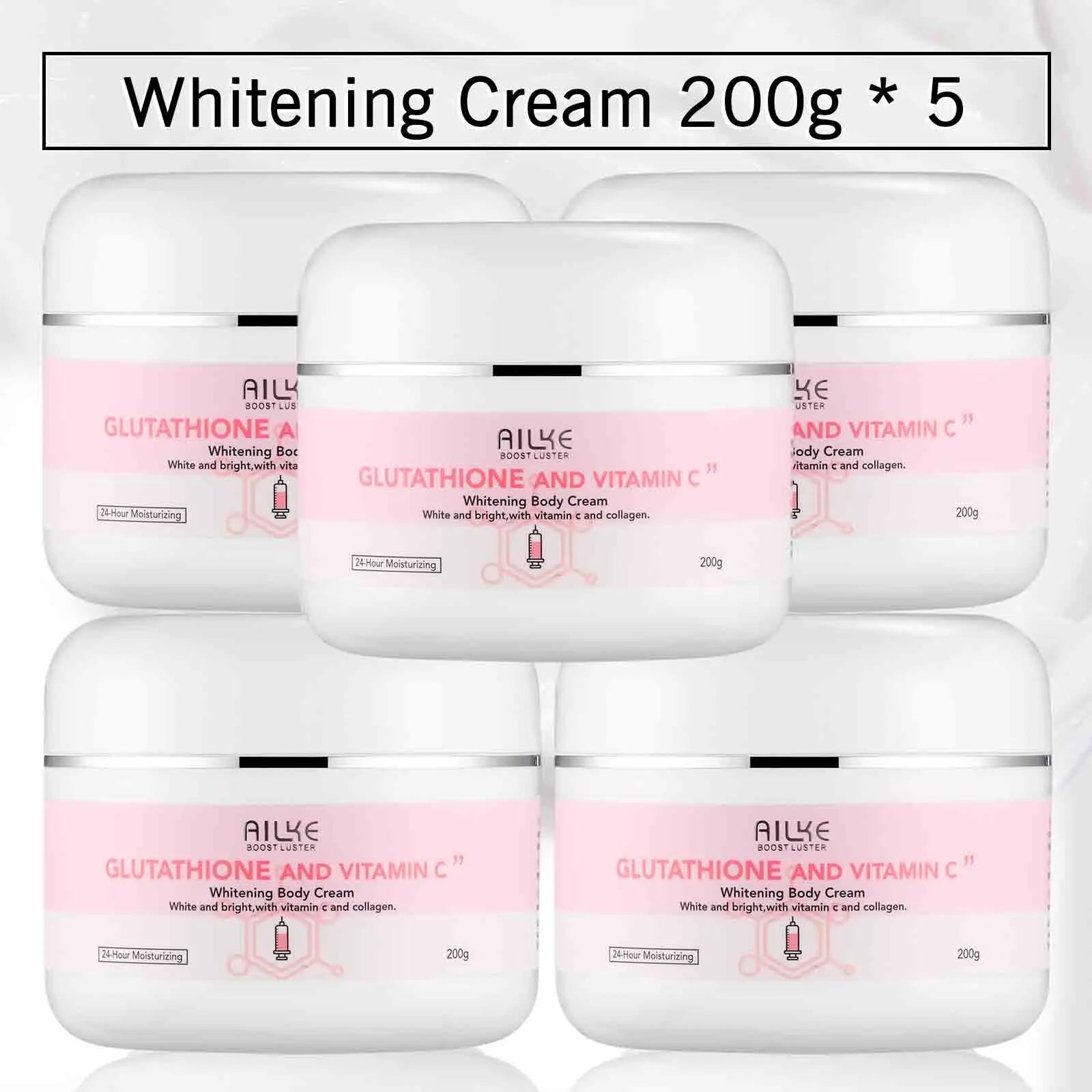 Five containers of Ailye Whitening Cream with glutathione and vitamin C on a white background.