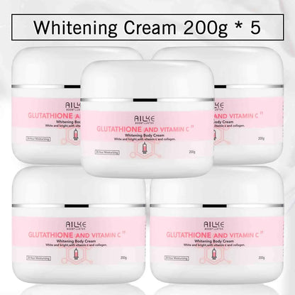 Five containers of Ailye Whitening Cream with glutathione and vitamin C on a white background.