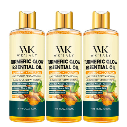 Three bottles of WK'JALY Turmeric Glow Essential Oil on a white background