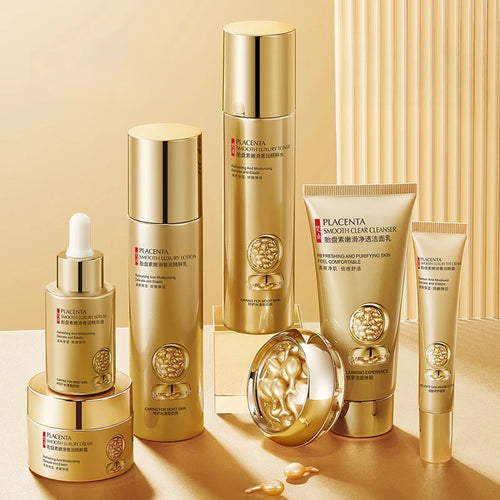 Set of Placenta skincare products on a beige background