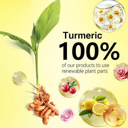 Turmeric root with leaves and plant parts on a yellow background, promoting renewable plant use.