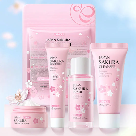 Japan Sakura skincare product set on a light blue background