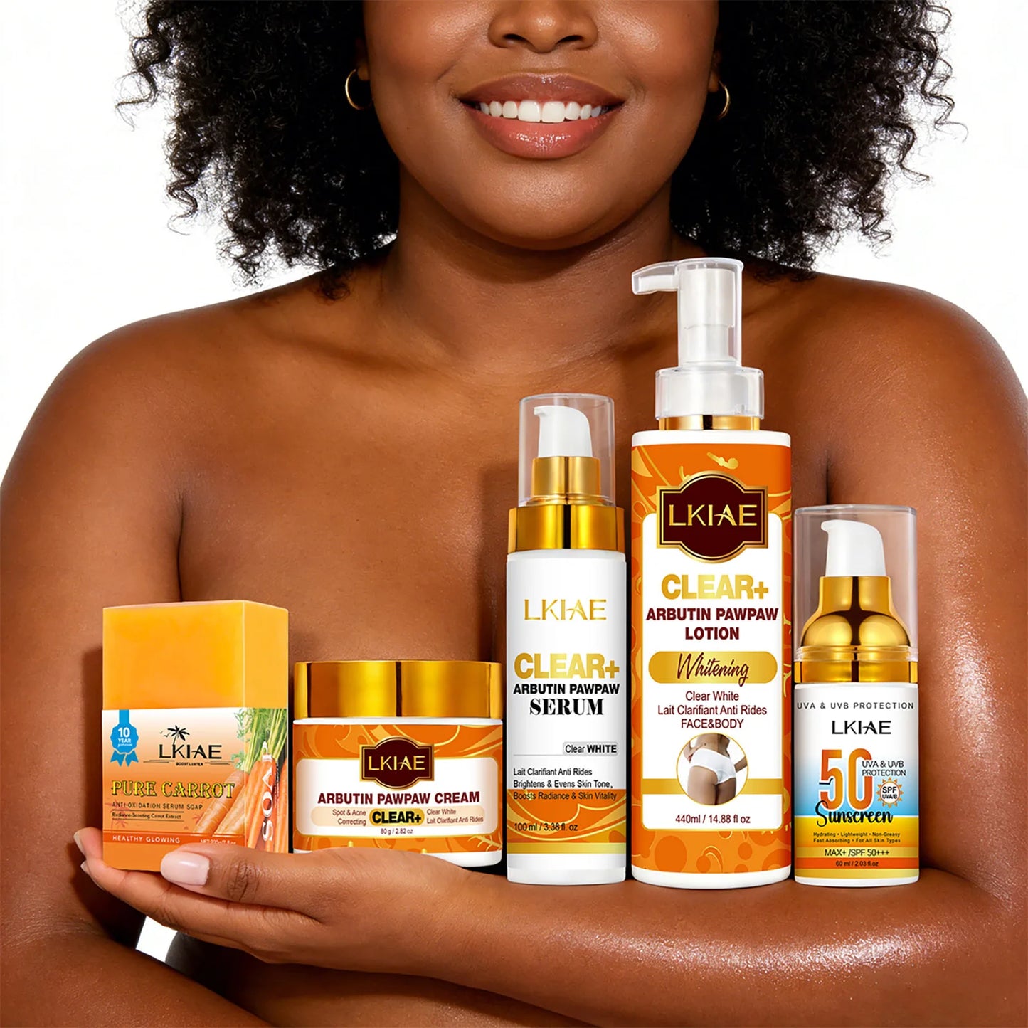 Woman holding LKIAE skincare products on a white background