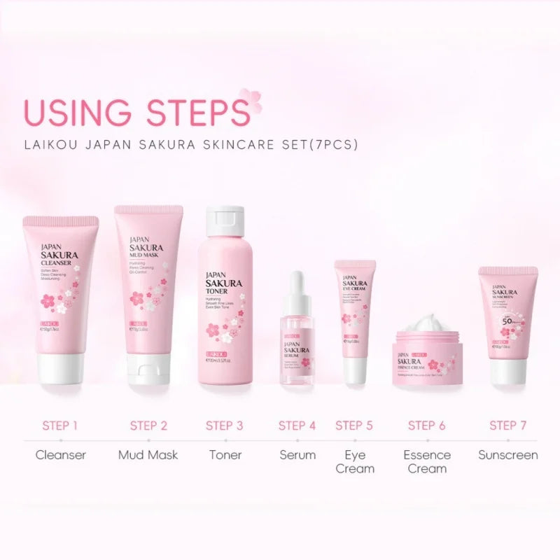 SKK skincare set with step-by-step instructions on a white background