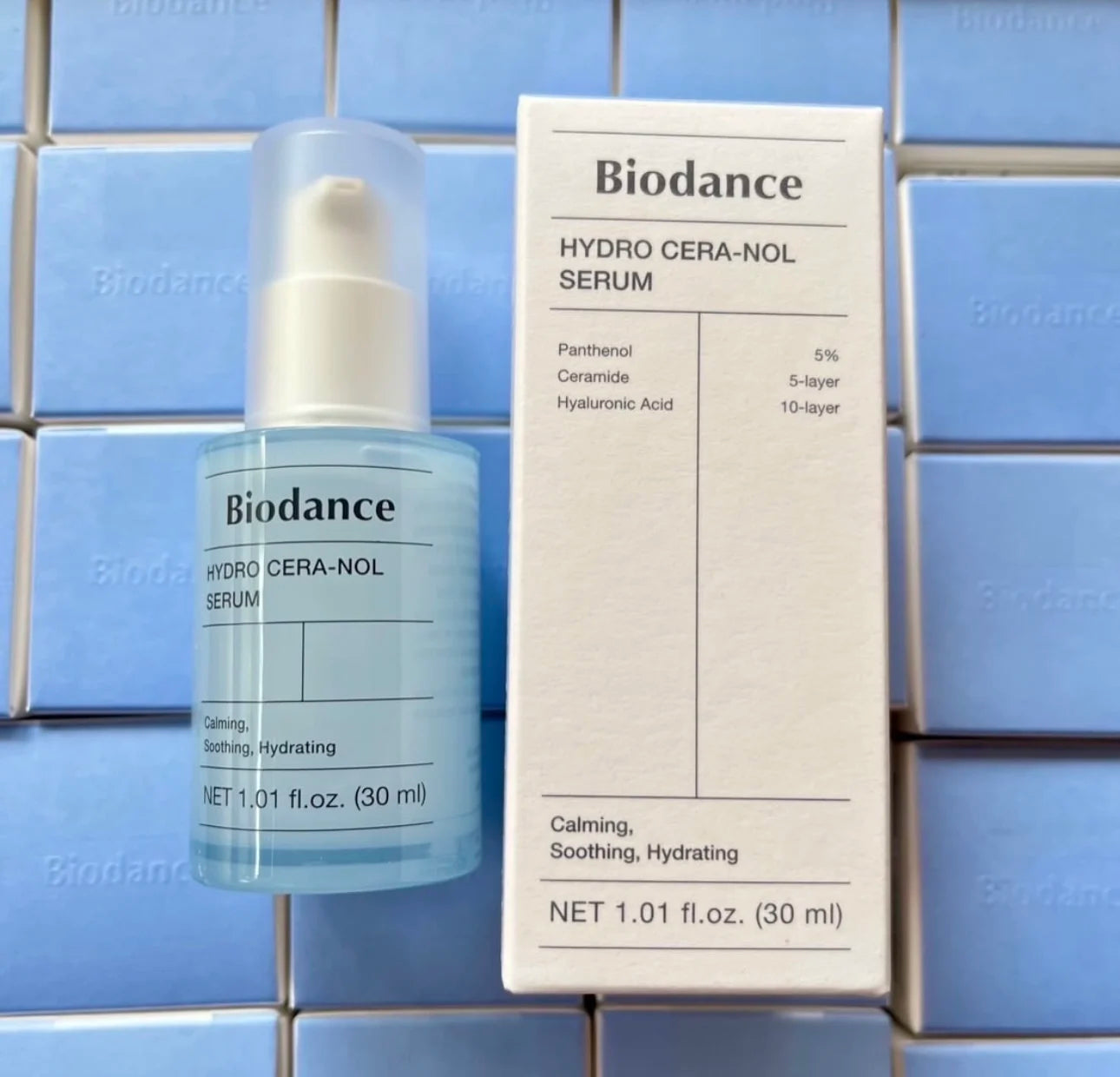 Biodance Hydro Cera-Nol Serum bottle and packaging on a tiled background
