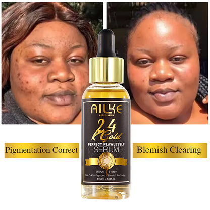 A bottle of AIKE 24K Gold Serum with before and after images of a woman's face.