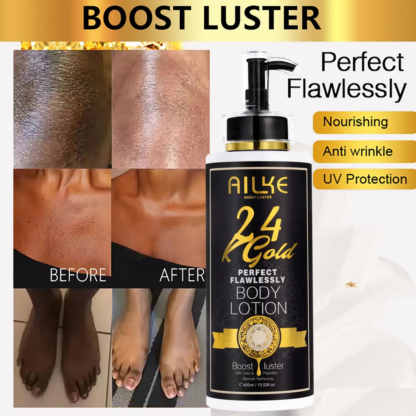 Ailke 24K Gold body lotion with before and after effects on skin, labeled 'Boost Luster' and 'Perfect Flawlessly'.