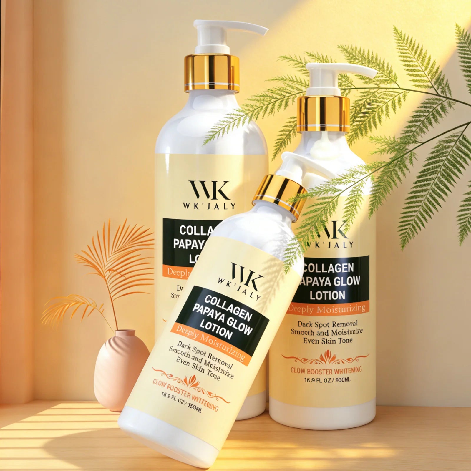 WK Italy Collagen Papaya Glow Lotion bottles on a wooden surface with decorative plants.