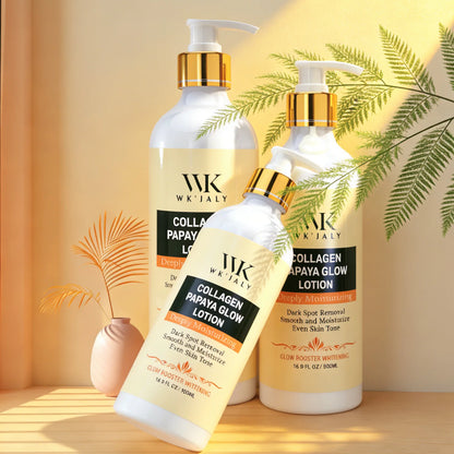 WK Italy Collagen Papaya Glow Lotion bottles on a wooden surface with decorative plants.