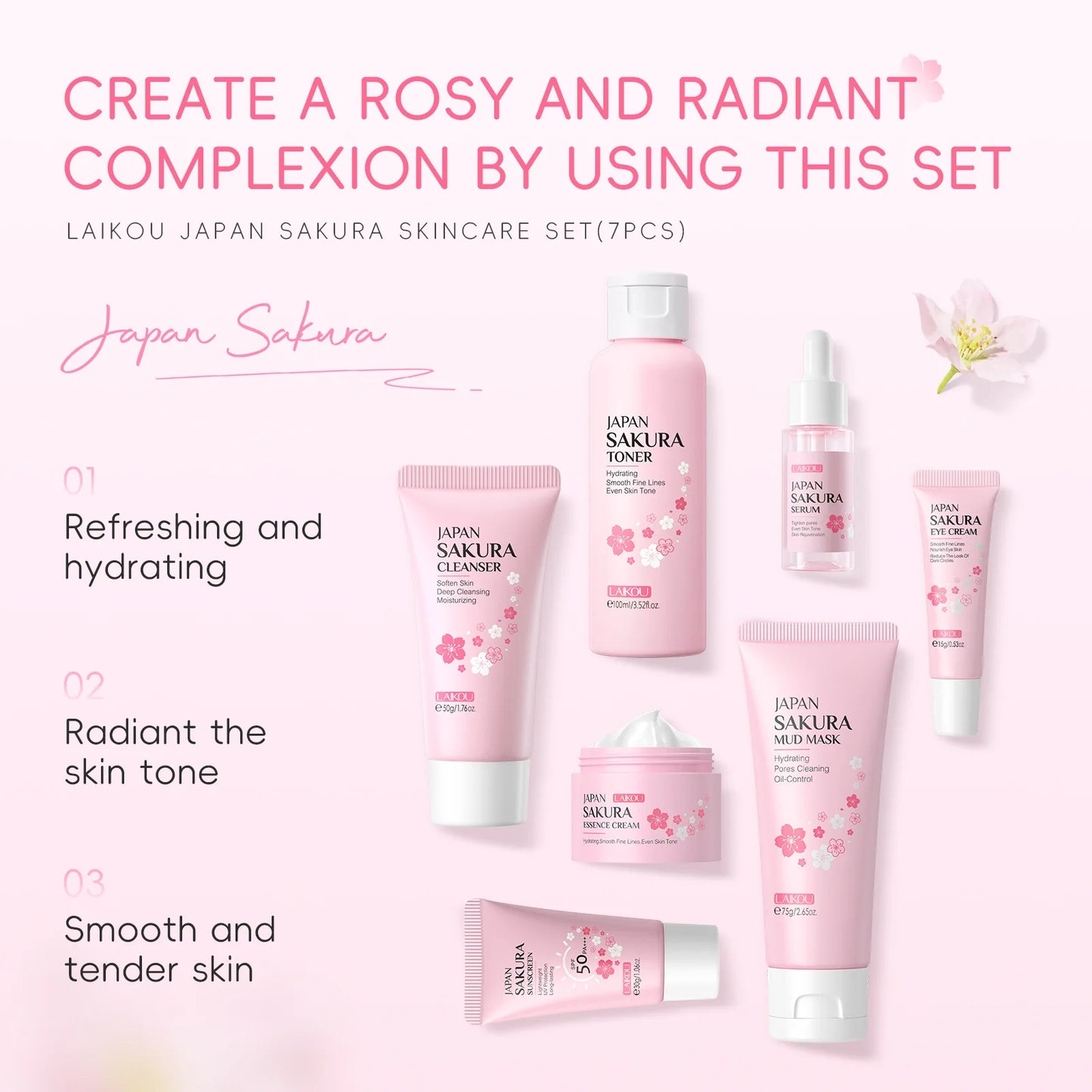 Japan Sakura skincare set with pink bottles and containers on a light pink background