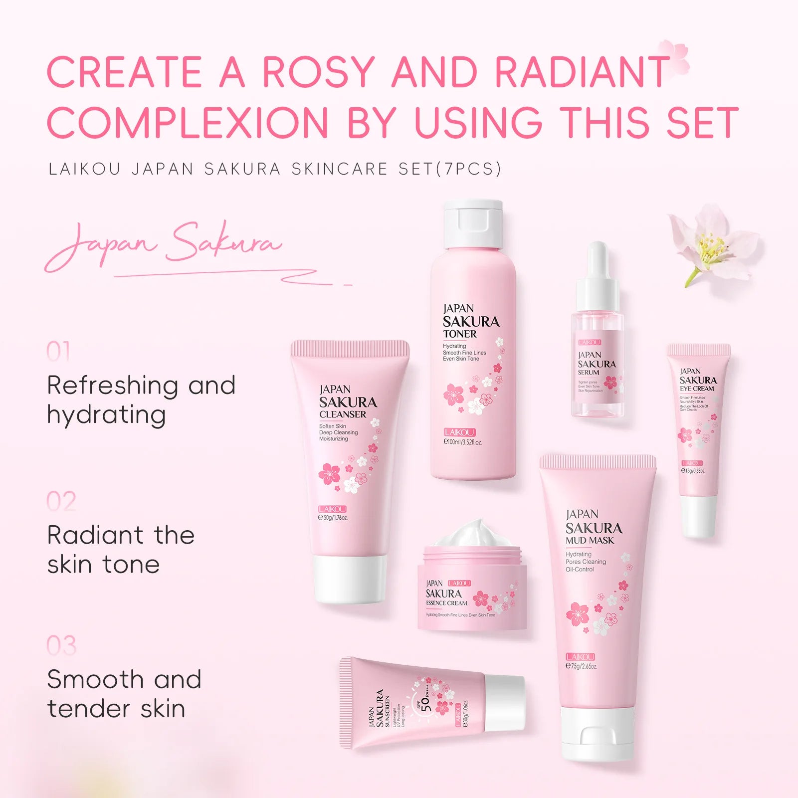 Japan Sakura skincare set with pink bottles and containers on a light pink background