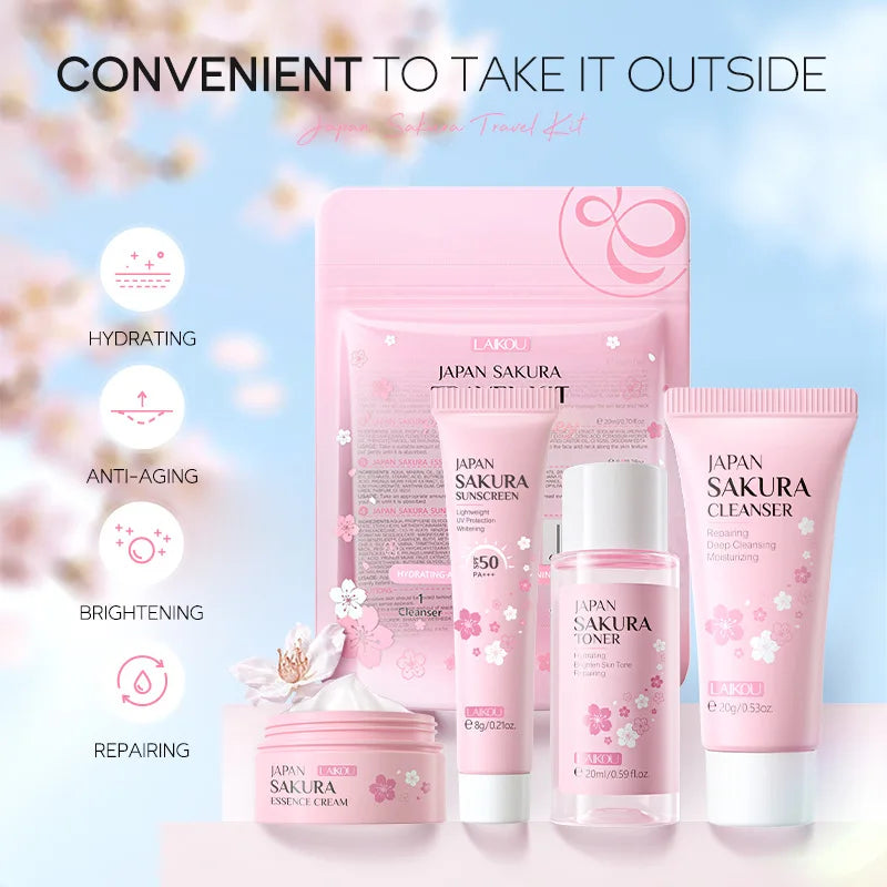 Japan Sakura skincare product set with cherry blossom design on a light blue background