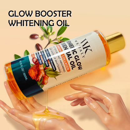 Glow booster whitening oil bottle with oil being poured onto a hand on a beige background