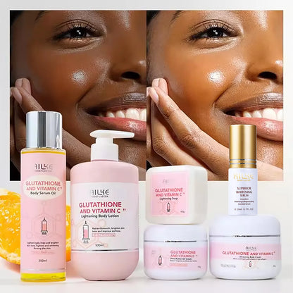 Set of skincare products with a woman's face in the background