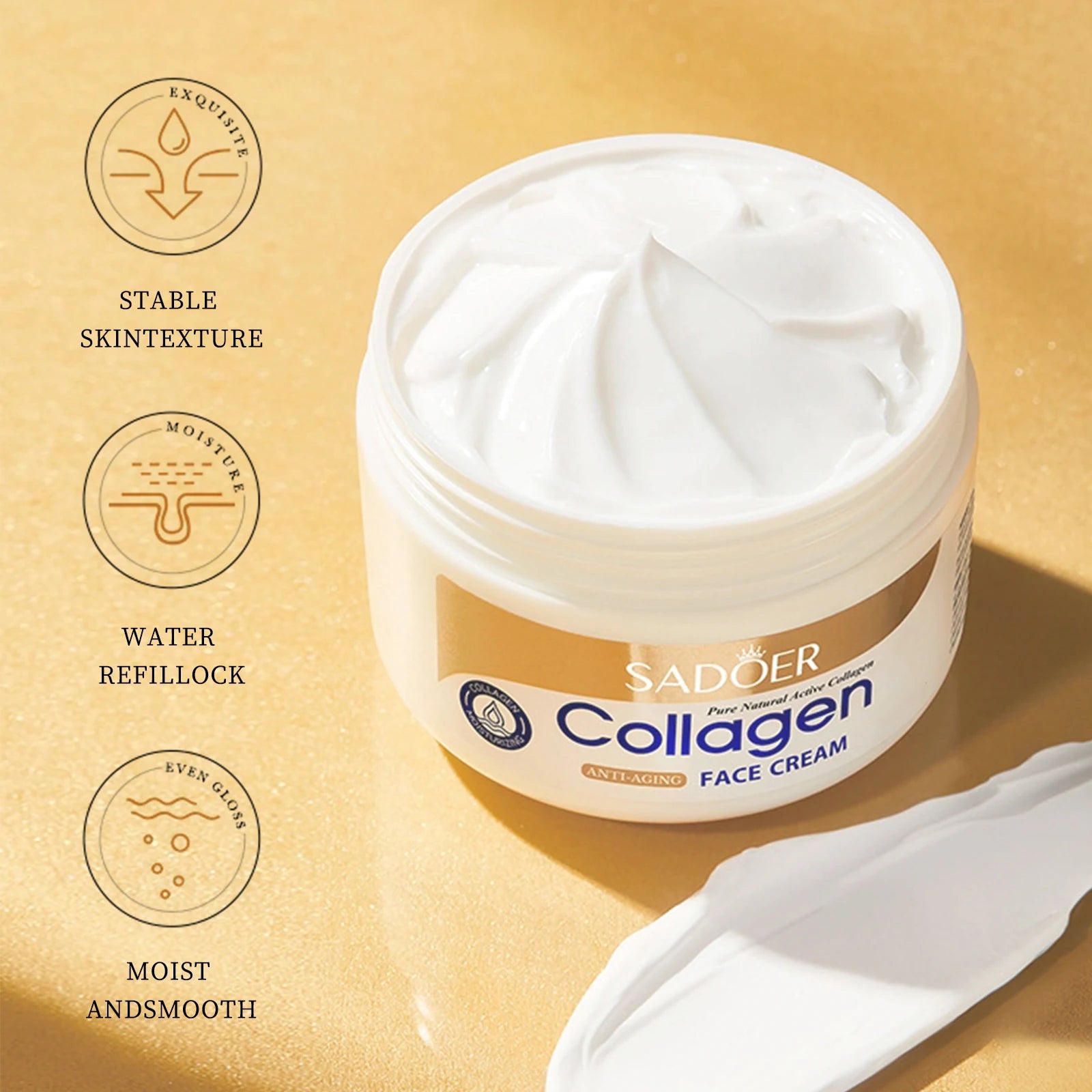 Jar of Sadoer Collagen Face Cream on a beige background with product features listed.