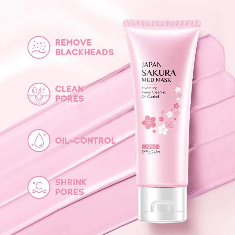 Japan Sakura mud mask tube with pink background and benefits listed.