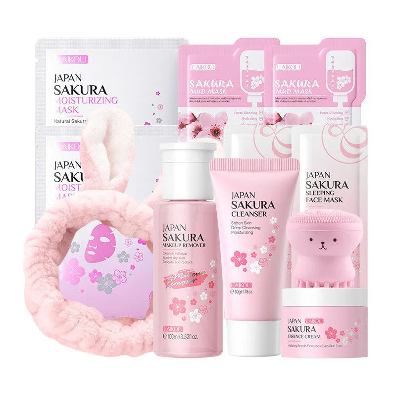 Japan Sakura skincare product set with various items on a white background