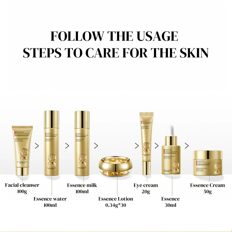 Skincare product lineup with usage steps on a white background