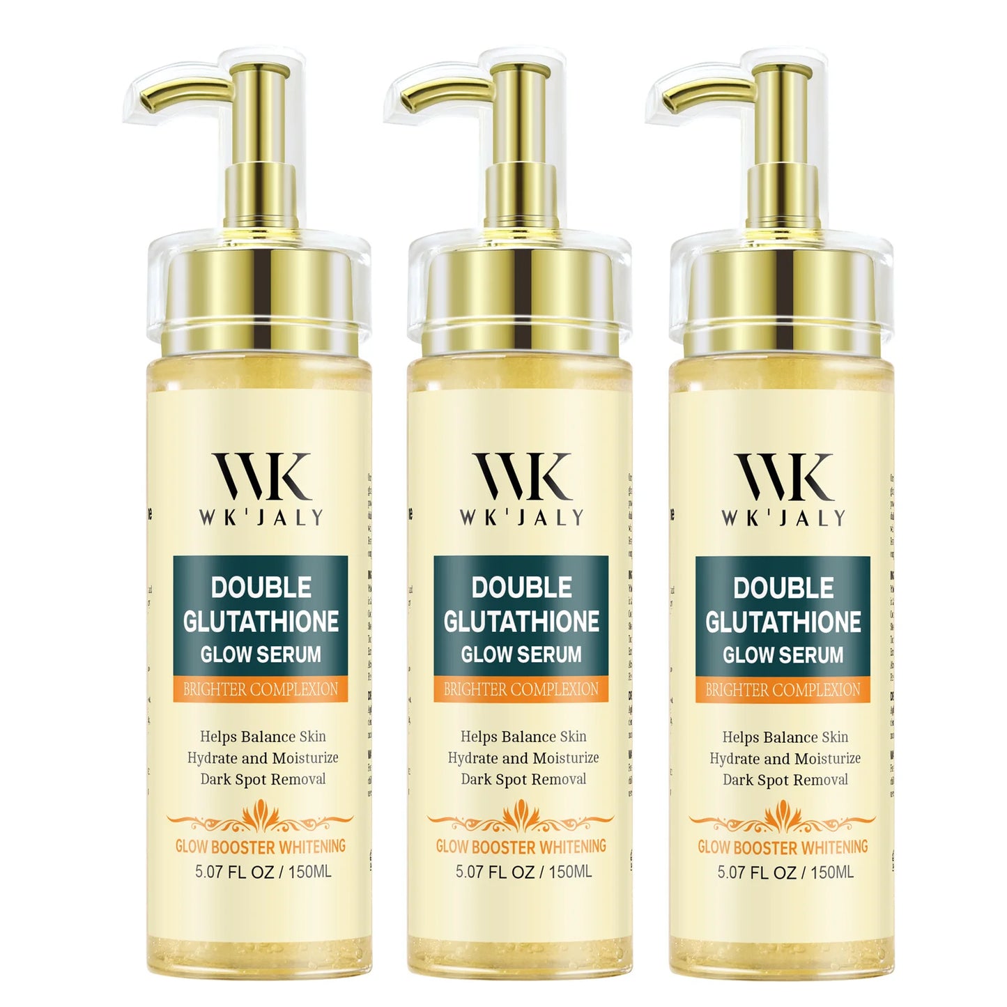 Three bottles of WK JALY Double Glutathione Glow Serum on a white background