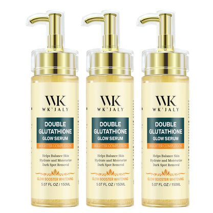 Three bottles of WK JALY Double Glutathione Glow Serum on a white background