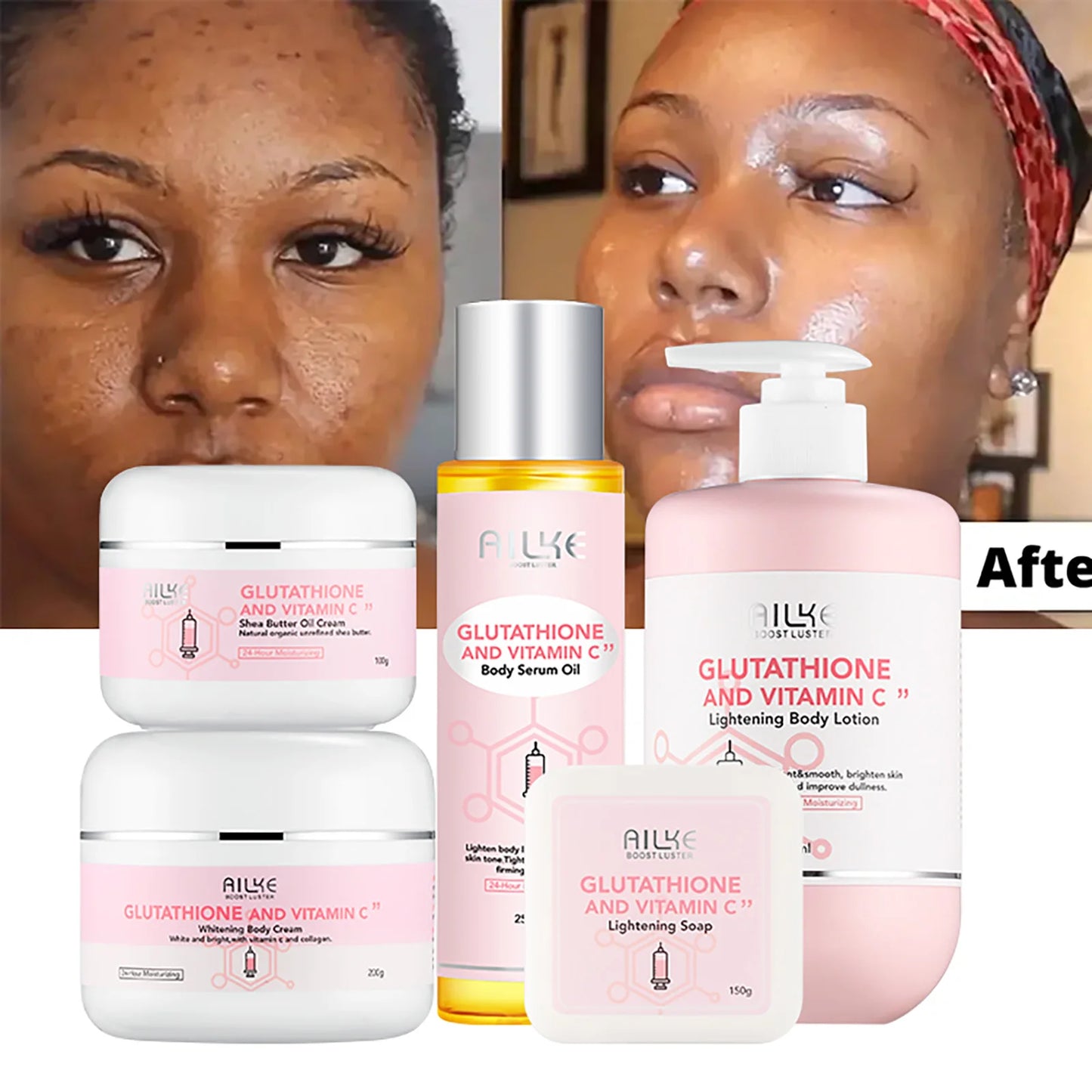 Skincare products with a woman applying cream, before and after effects shown.