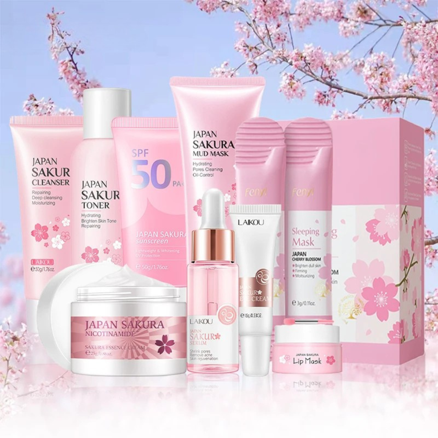 Skincare products with cherry blossom design against a cherry blossom background