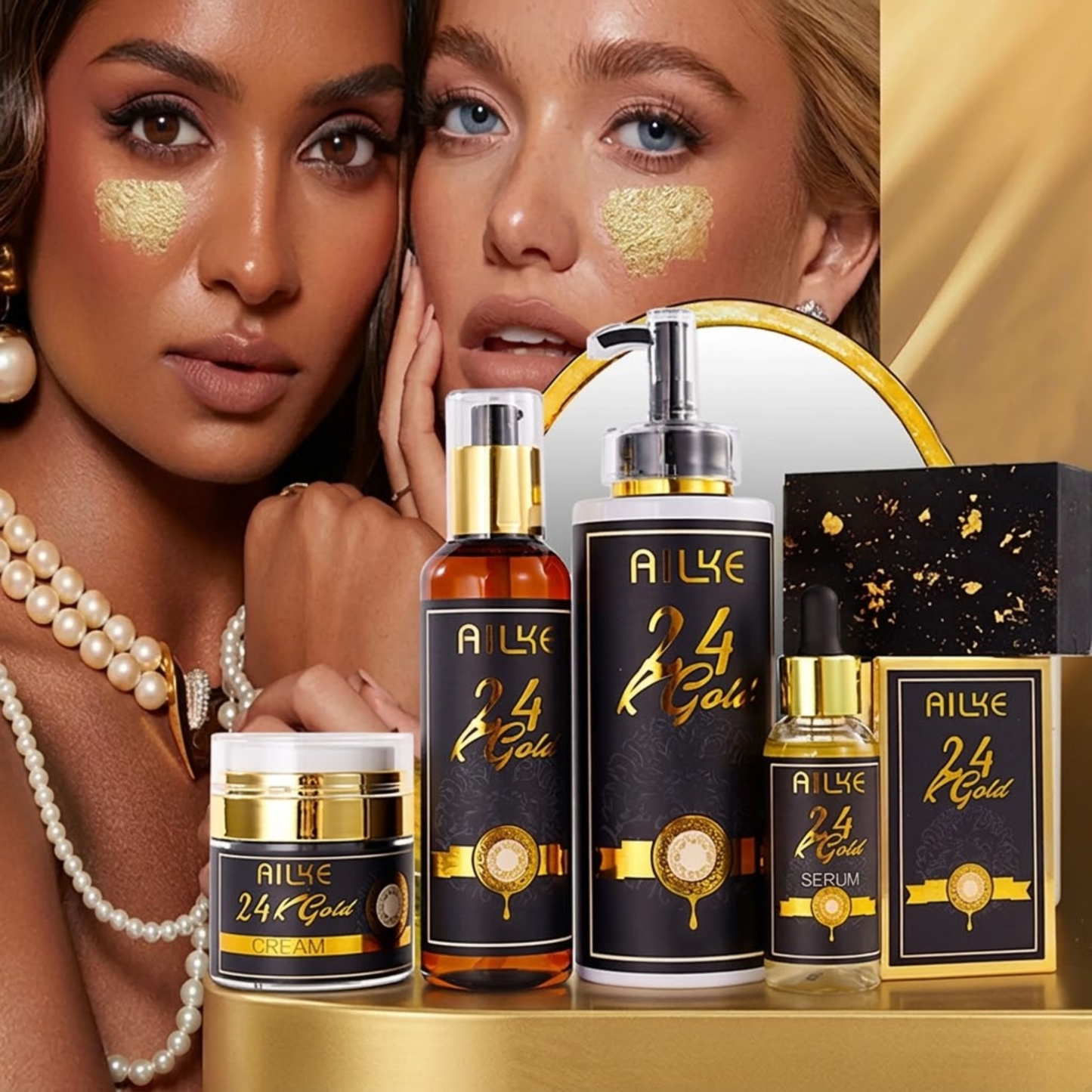 Ailye 24K Gold skincare products with two women applying cream on their faces.