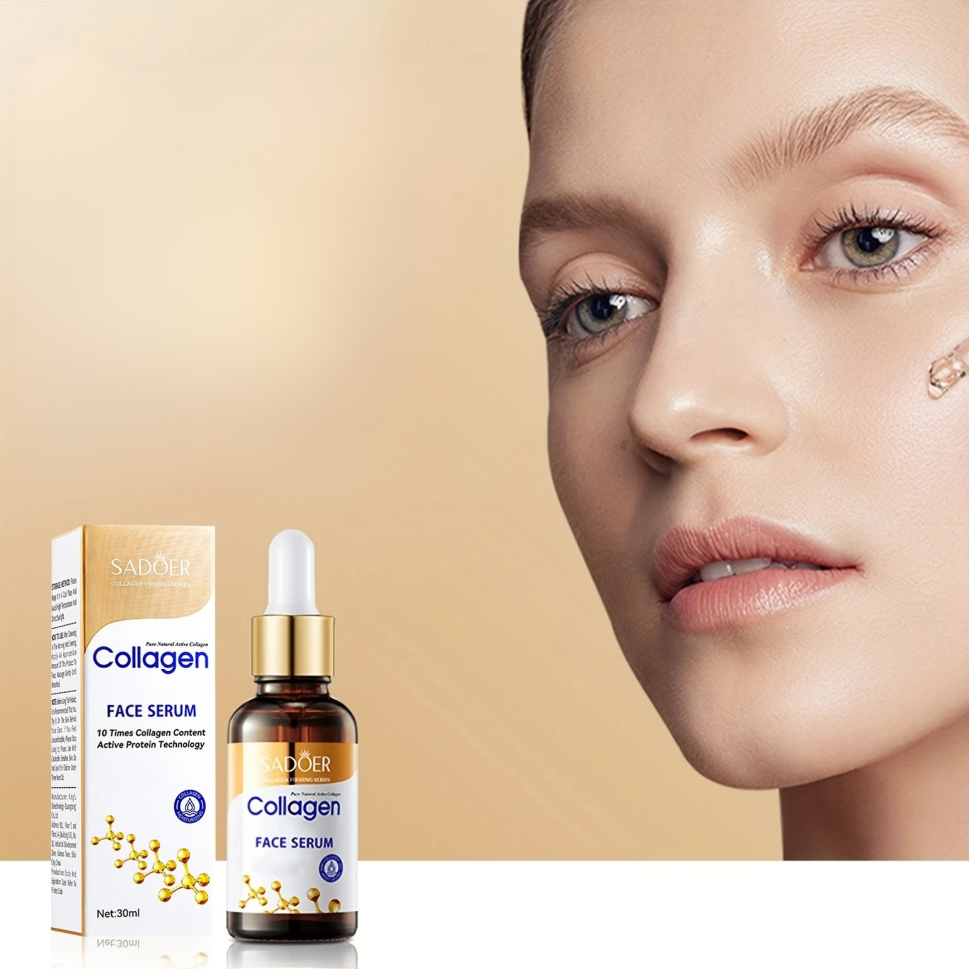 Collagen face serum with bottle and packaging on a beige background