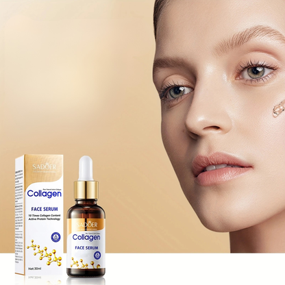Collagen face serum with bottle and packaging on a beige background