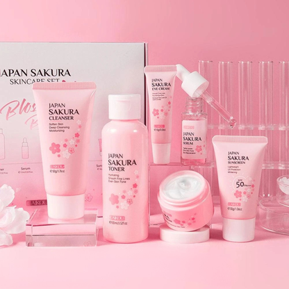 Japan Sakura skincare product set on a pink background