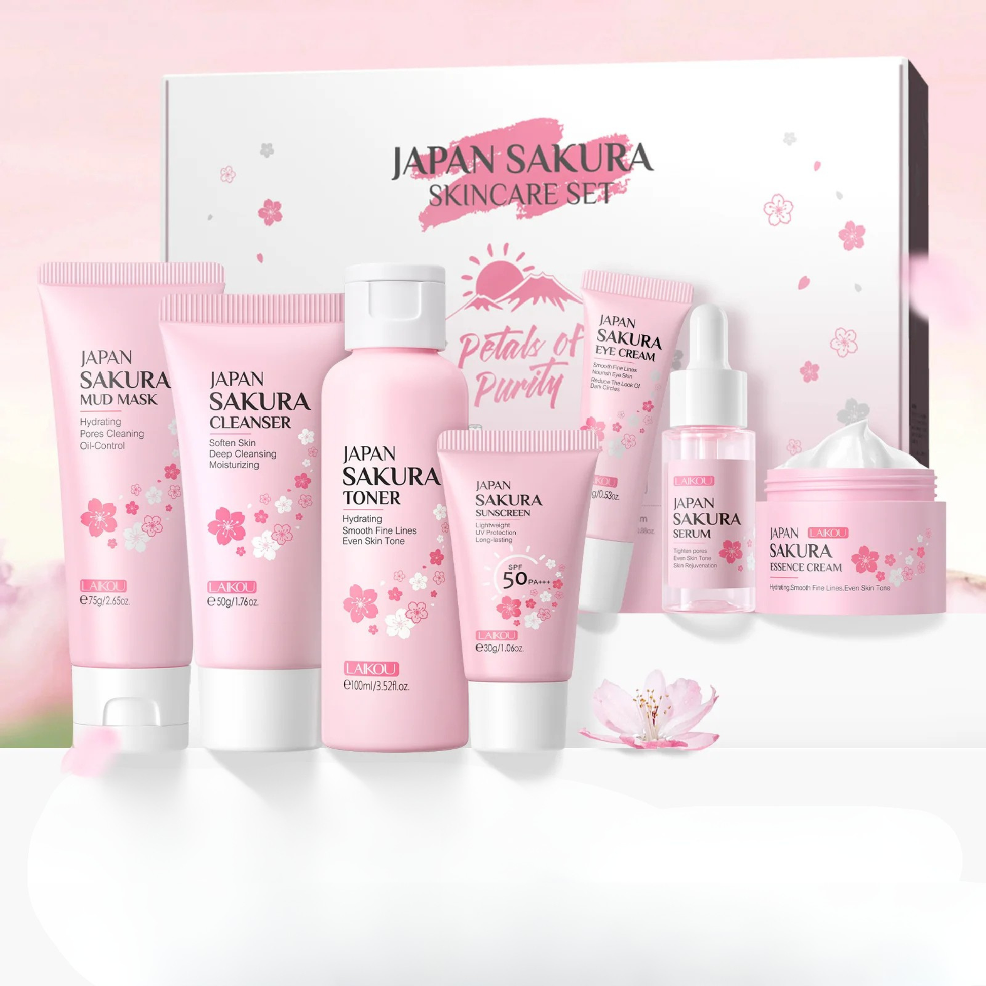 Japan Sakura skincare set with various products on a white background