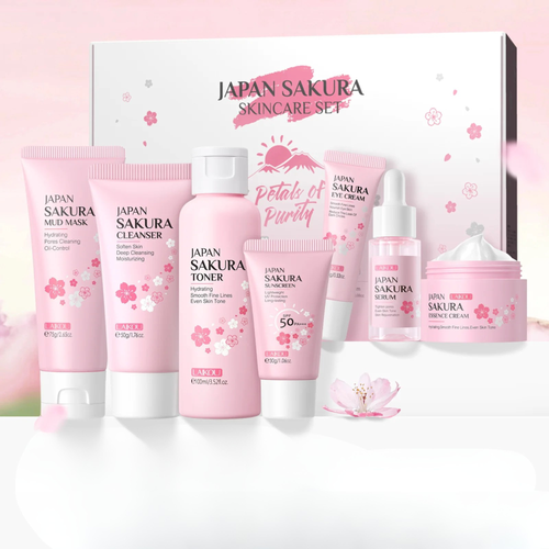 Japan Sakura skincare set with various products on a white background
