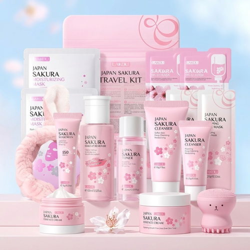 Japan Sakura skincare travel kit with various products on a light blue background