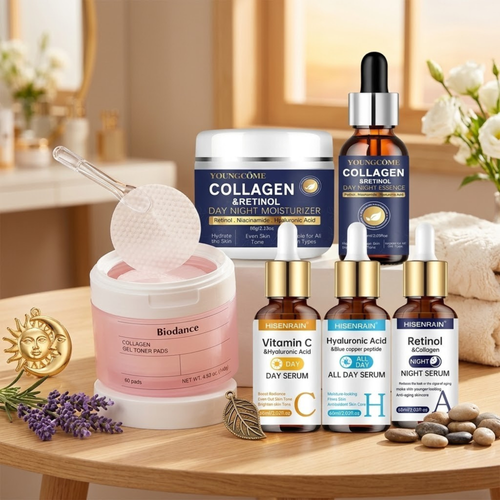 Collagen and retinol skincare products on a wooden surface with a blurred background