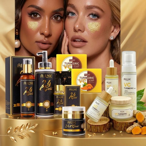 Cosmetic products with a focus on gold and black packaging, featuring two models with gold patches under their eyes. 